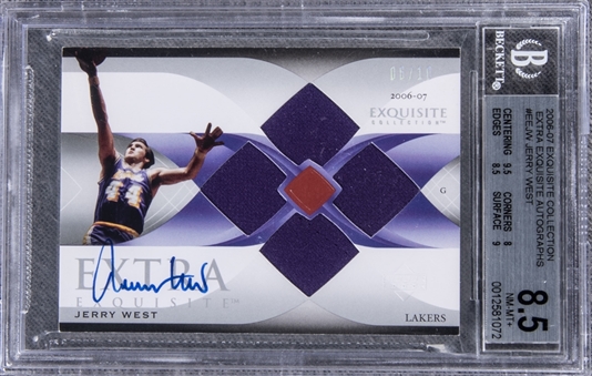2006-07 UD "Exquisite Collection" Extra Exquisite Autographs #EEJW Jerry West Signed Game Used Patch Card (#06/10) – BGS NM-MT+ 8.5/BGS 10